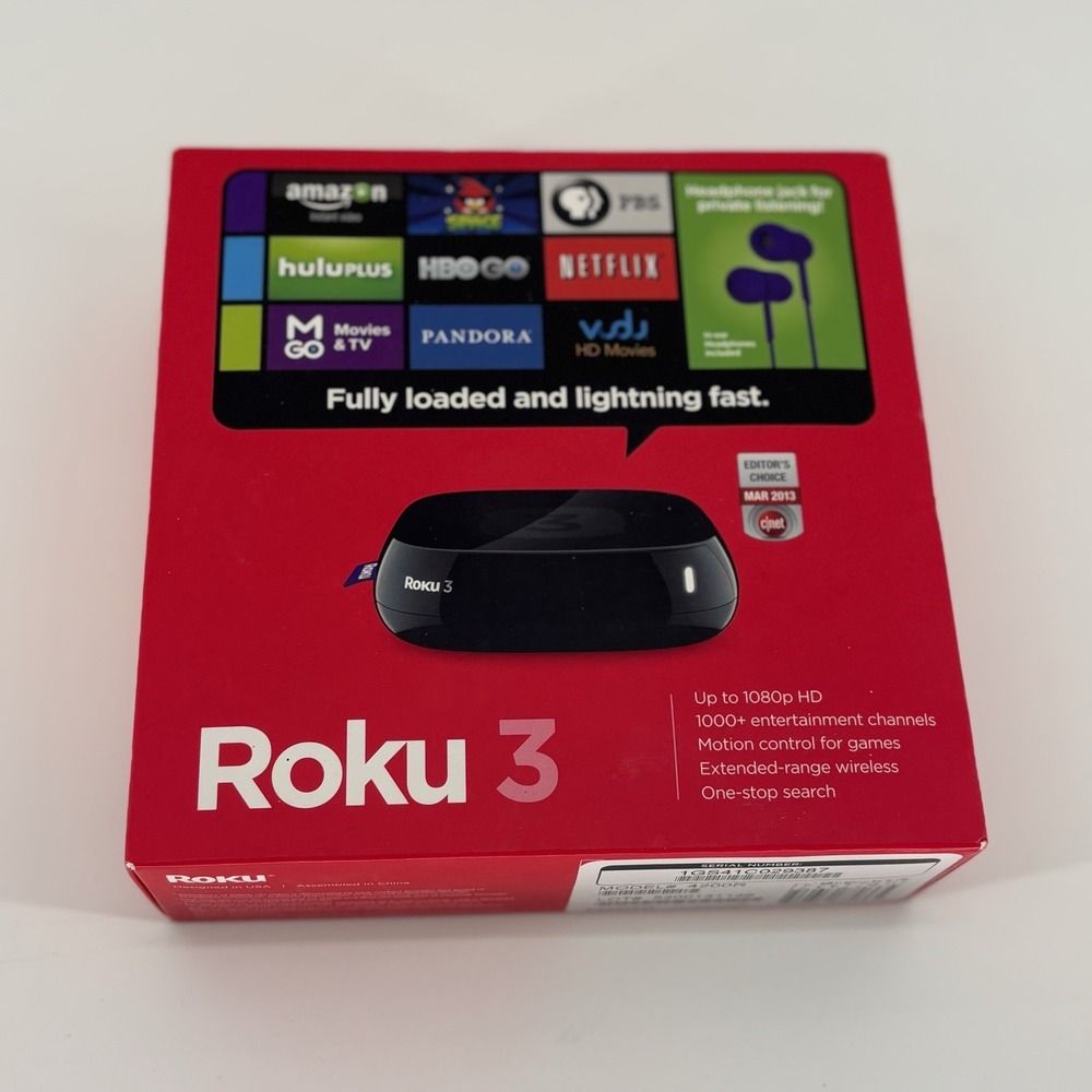Roku 3 4200R 1080p HD Media Streamer | Black w/ Remote & AC Cord / Ear Buds